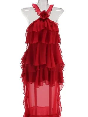 High Quality New 2026 Spring Modern A-Line Women's Chiffon Maxi Dress Allover Cascading Ruffle Flower Patterns Quick Dry RED
