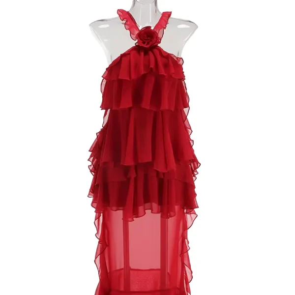 High Quality New 2026 Spring Modern A-Line Women's Chiffon Maxi Dress Allover Cascading Ruffle Flower Patterns Quick Dry RED