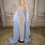 ZD Sparkly Dazzling Blue Crystal Beaded Strapless Club Floor-Length Natural Eco-Friendly Fitted Spaghetti Slip Elegant Prom