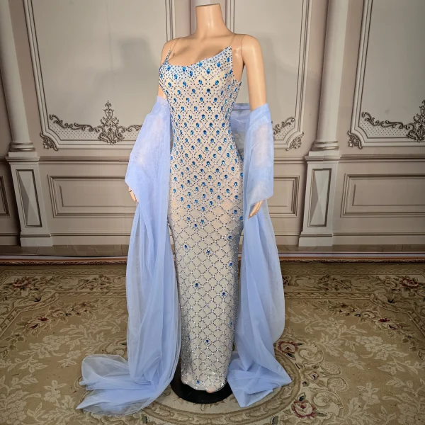 ZD Sparkly Dazzling Blue Crystal Beaded Strapless Club Floor-Length Natural Eco-Friendly Fitted Spaghetti Slip Elegant Prom