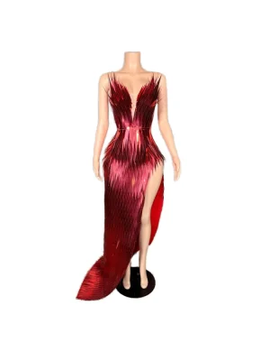 ZD Women's Sequin Beading Appliques Floor-Length A-Line Nightclub Dress Sexy Deep V Neck Halter High Side Slit Natural