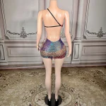 ZD Bodycon Natural Waistline Colored Rhinestone Geometric Pattern Night Club Sexy Backless Mini Evening Dress for Birthday Party