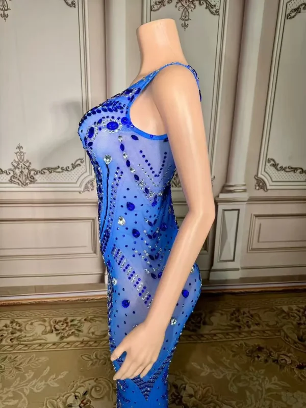 ZD Sparkly Blue Rhinestones Long Dress Birthday Celebrate Transparent Dress Women Dancer Dresses