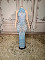 ZD Sexy Sparkly Pearl Rhinestone Sleeveless Long Dress Women Birthday Party Evening Prom Wedding Luxury Photoshoot Outfits