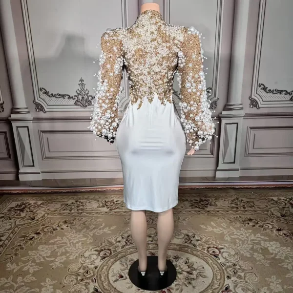 ZD Plus-Size Pearl Embellished Knee-Length Natural Eco-Friendly Elegant Party Gown Long Sleeves for Birthday Celebrations