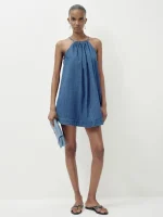 Women Blue Denim O-Neck Sleeveless Ruched Mini Dress Summer Woven Breathable Washable Casual Party Evening Elegant Outfit