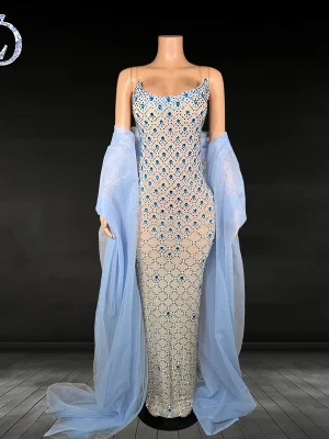ZD Sparkly Dazzling Blue Crystal Beaded Strapless Club Floor-Length Natural Eco-Friendly Fitted Spaghetti Slip Elegant Prom