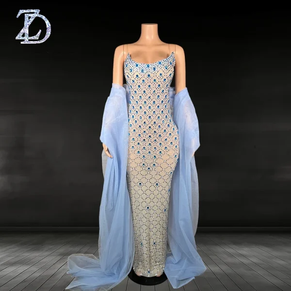 ZD Sparkly Dazzling Blue Crystal Beaded Strapless Club Floor-Length Natural Eco-Friendly Fitted Spaghetti Slip Elegant Prom