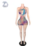 ZD Bodycon Natural Waistline Colored Rhinestone Geometric Pattern Night Club Sexy Backless Mini Evening Dress for Birthday Party