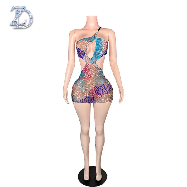 ZD Bodycon Natural Waistline Colored Rhinestone Geometric Pattern Night Club Sexy Backless Mini Evening Dress for Birthday Party