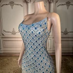 ZD Sparkly Dazzling Blue Crystal Beaded Strapless Club Floor-Length Natural Eco-Friendly Fitted Spaghetti Slip Elegant Prom