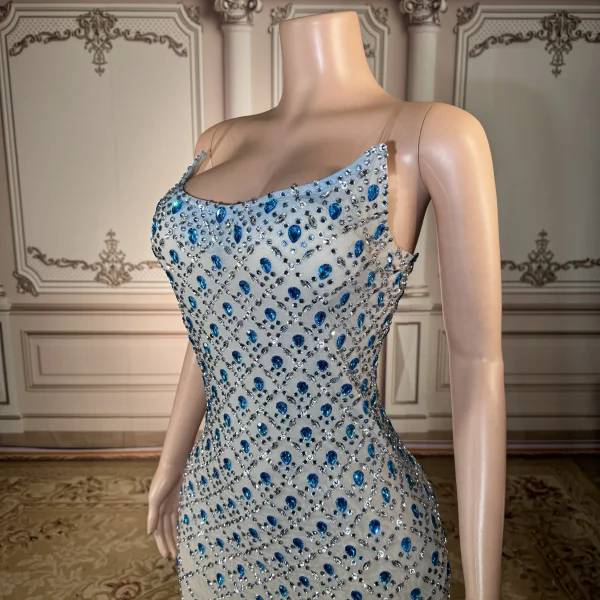 ZD Sparkly Dazzling Blue Crystal Beaded Strapless Club Floor-Length Natural Eco-Friendly Fitted Spaghetti Slip Elegant Prom