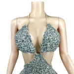 ZD Sparkling Rhinestone Natural Waist Mini Dress Crop Top Low Back Bold Cut-Out Bodycon Anti-Wrinkle Breathable Party Rave