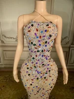 ZD Breathable Chiffon Mesh Bodycon Illusion Gown Off-Shoulder Open Back Maxi with Multicolor Rhinestones for Birthday & Club
