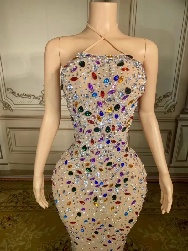 ZD Breathable Chiffon Mesh Bodycon Illusion Gown Off-Shoulder Open Back Maxi with Multicolor Rhinestones for Birthday & Club