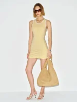 Women Yellow Sleeveless Crew Neck Contrast Trim Fitted Casual Summer Maxi Dress Spandex Breathable Daily Elegant Outfit