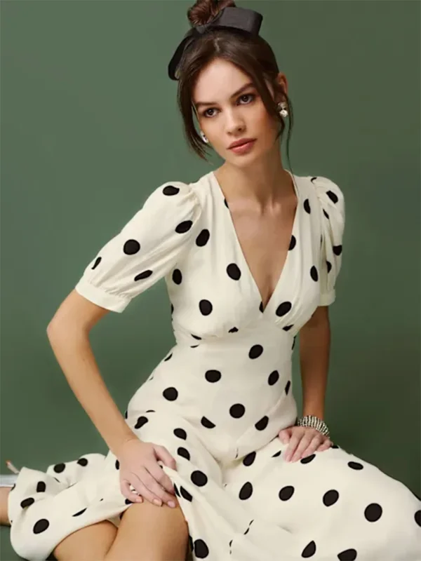 Women Ivory Black Polka Dot Puff Sleeve Deep V Neck Maxi Dress Formal Party Evening Elegant Outfit