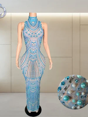 ZD Sexy Sparkly Pearl Rhinestone Sleeveless Long Dress Women Birthday Party Evening Prom Wedding Luxury Photoshoot Outfits