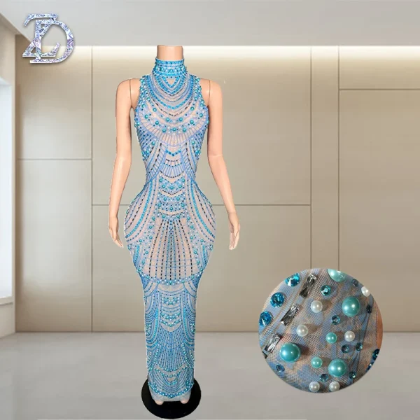 ZD Sexy Sparkly Pearl Rhinestone Sleeveless Long Dress Women Birthday Party Evening Prom Wedding Luxury Photoshoot Outfits