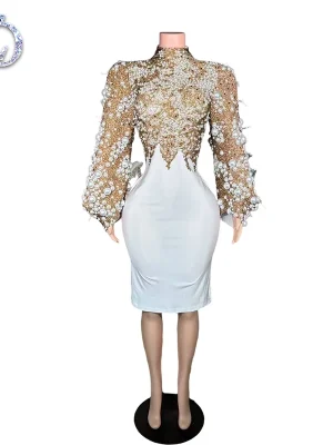ZD Plus-Size Pearl Embellished Knee-Length Natural Eco-Friendly Elegant Party Gown Long Sleeves for Birthday Celebrations