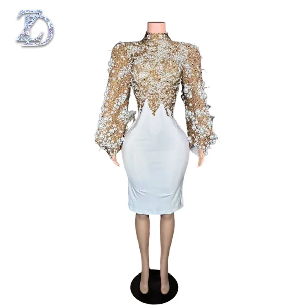 ZD Plus-Size Pearl Embellished Knee-Length Natural Eco-Friendly Elegant Party Gown Long Sleeves for Birthday Celebrations