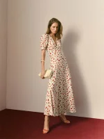 Women Ivory Red Floral Print Short Sleeve Deep V Neck Midi Dress Formal Daily Elegant Summer Breathable Natural Waistline Outfit