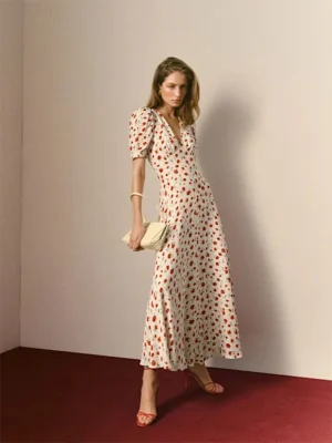 Women Ivory Red Floral Print Short Sleeve Deep V Neck Midi Dress Formal Daily Elegant Summer Breathable Natural Waistline Outfit