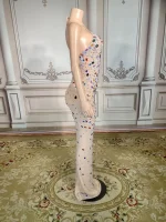 ZD Breathable Chiffon Mesh Bodycon Illusion Gown Off-Shoulder Open Back Maxi with Multicolor Rhinestones for Birthday & Club