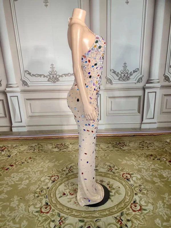 ZD Breathable Chiffon Mesh Bodycon Illusion Gown Off-Shoulder Open Back Maxi with Multicolor Rhinestones for Birthday & Club