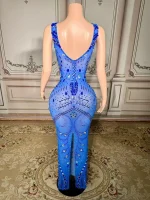 ZD Sparkly Blue Rhinestones Long Dress Birthday Celebrate Transparent Dress Women Dancer Dresses