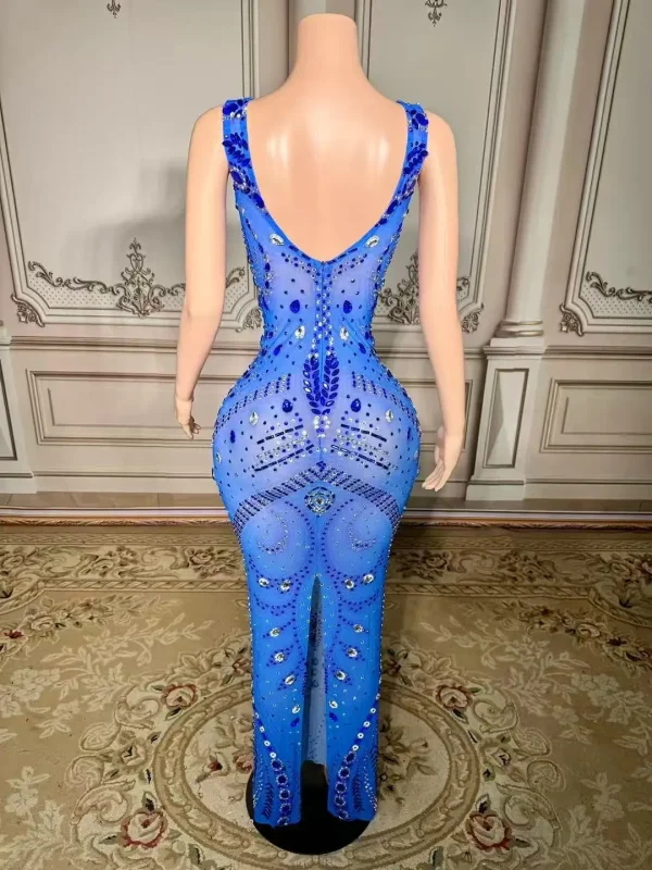 ZD Sparkly Blue Rhinestones Long Dress Birthday Celebrate Transparent Dress Women Dancer Dresses