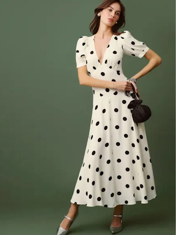 Women Ivory Black Polka Dot Puff Sleeve Deep V Neck Maxi Dress Formal Party Evening Elegant Outfit