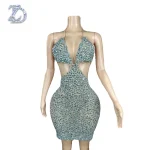 ZD Sparkling Rhinestone Natural Waist Mini Dress Crop Top Low Back Bold Cut-Out Bodycon Anti-Wrinkle Breathable Party Rave