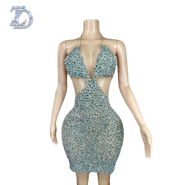 ZD Sparkling Rhinestone Natural Waist Mini Dress Crop Top Low Back Bold Cut-Out Bodycon Anti-Wrinkle Breathable Party Rave