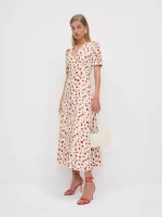 Women Ivory Red Floral Print Short Sleeve Deep V Neck Midi Dress Formal Daily Elegant Summer Breathable Natural Waistline Outfit