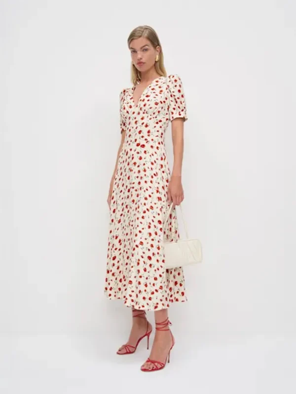 Women Ivory Red Floral Print Short Sleeve Deep V Neck Midi Dress Formal Daily Elegant Summer Breathable Natural Waistline Outfit