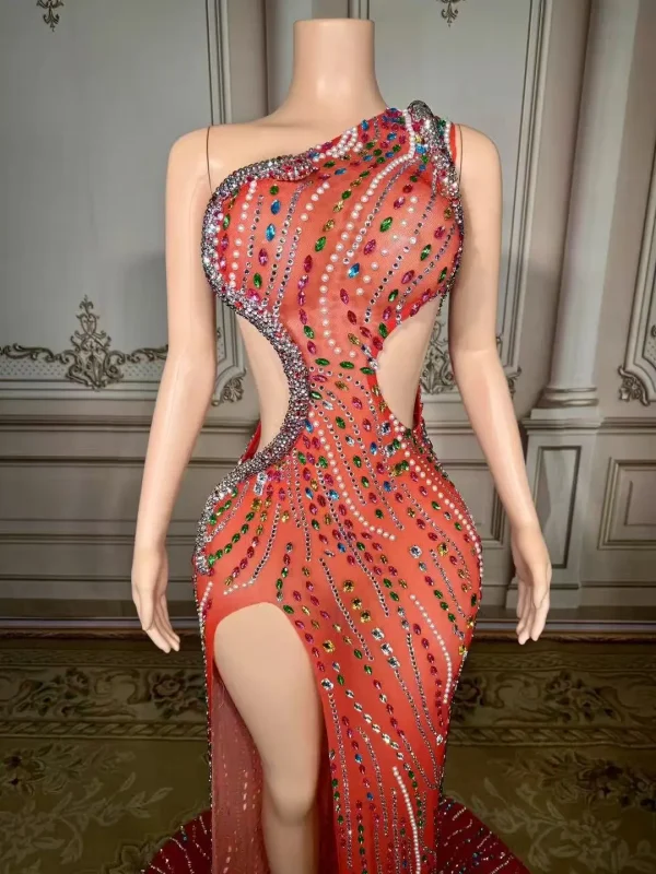ZD Elegant Asymmetric Rhinestone Bodycon Evening Dress Sexy Side Cutouts Thigh-High Slit Floor-Length Formal Gown for Red Carpet