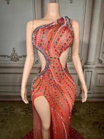 ZD Pearl Rhinestone Bodycon Floor-Length High-Slit Gown Asymmetric One-Shoulder Dress Daring Cutouts for Gala Nights Cocktail