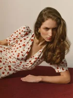 Women Ivory Red Floral Print Short Sleeve Deep V Neck Midi Dress Formal Daily Elegant Summer Breathable Natural Waistline Outfit