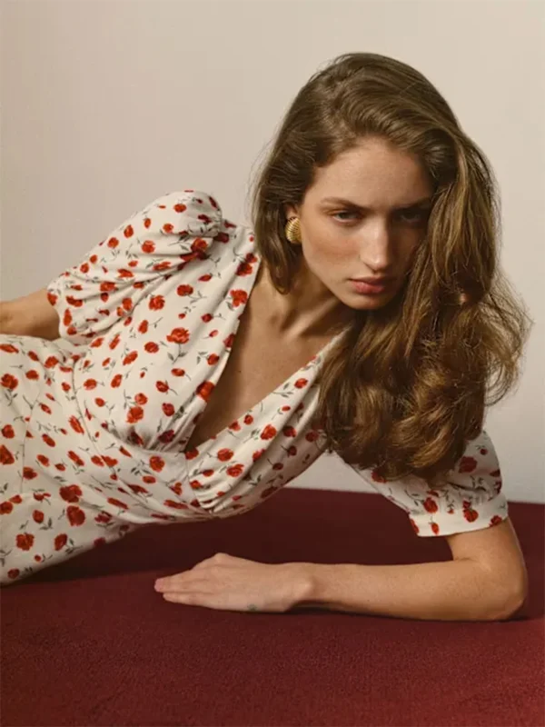 Women Ivory Red Floral Print Short Sleeve Deep V Neck Midi Dress Formal Daily Elegant Summer Breathable Natural Waistline Outfit