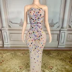 ZD Breathable Chiffon Mesh Bodycon Illusion Gown Off-Shoulder Open Back Maxi with Multicolor Rhinestones for Birthday & Club