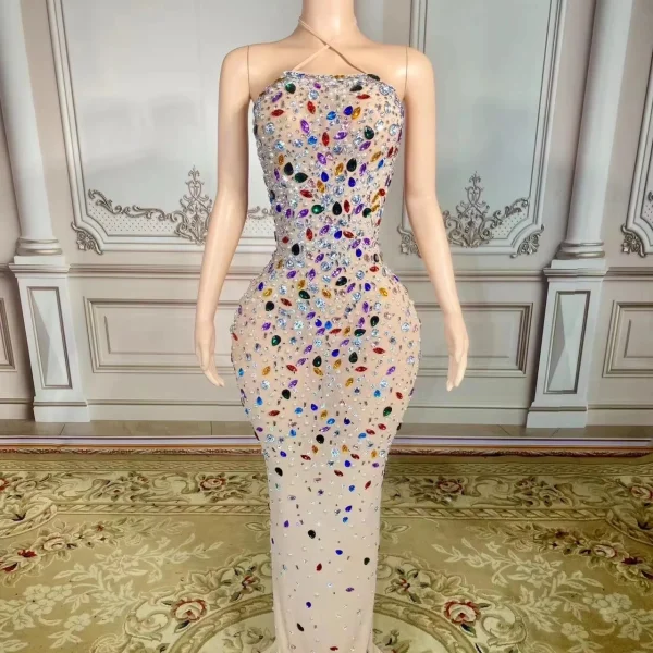 ZD Breathable Chiffon Mesh Bodycon Illusion Gown Off-Shoulder Open Back Maxi with Multicolor Rhinestones for Birthday & Club
