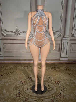 ZD Sexy Rhinestone Tassel Backless Geometric Bodycon Mini Dress-Dazzling Strapless Dance Wear Natural Anti-Wrinkle Club