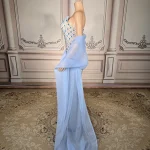 ZD Sparkly Dazzling Blue Crystal Beaded Strapless Club Floor-Length Natural Eco-Friendly Fitted Spaghetti Slip Elegant Prom