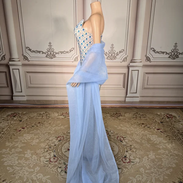ZD Sparkly Dazzling Blue Crystal Beaded Strapless Club Floor-Length Natural Eco-Friendly Fitted Spaghetti Slip Elegant Prom