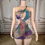 ZD Bodycon Natural Waistline Colored Rhinestone Geometric Pattern Night Club Sexy Backless Mini Evening Dress for Birthday Party