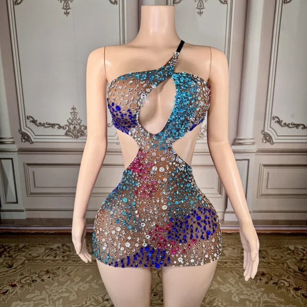 ZD Bodycon Natural Waistline Colored Rhinestone Geometric Pattern Night Club Sexy Backless Mini Evening Dress for Birthday Party