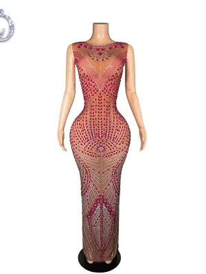 ZD XS-4XL Plus Size Red Rhinestone Gown-Elegant Sheer Panel Anti-Static Natural Evening Dress for Glamorous Celebrations