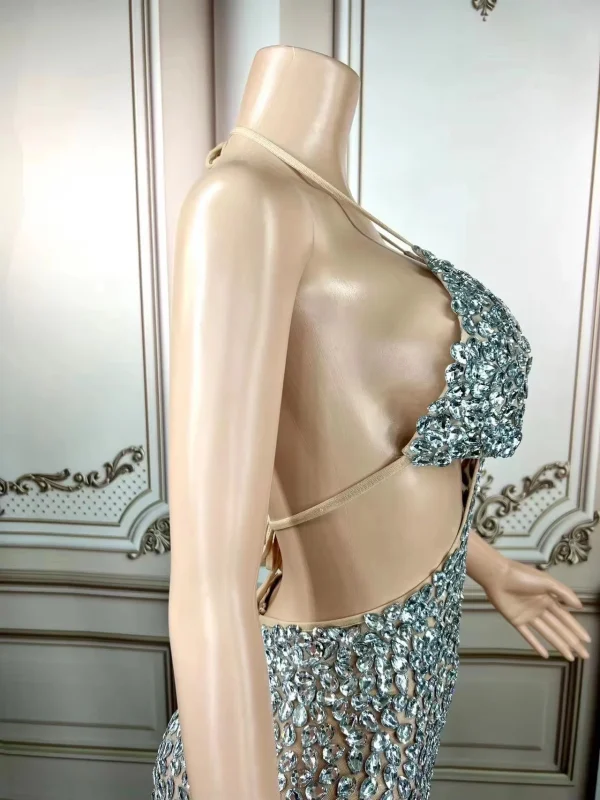 ZD Sparkling Rhinestone Natural Waist Mini Dress Crop Top Low Back Bold Cut-Out Bodycon Anti-Wrinkle Breathable Party Rave