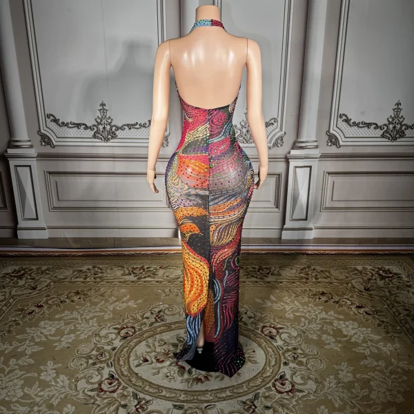 ZD Sexy See-through Mesh Dress with Deep Backless Design - Multi-Color Rhinestone Embellished Clubwear for Parties & Nightclubs